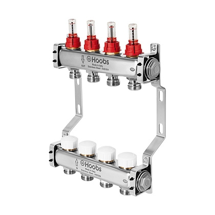 Комплект коллекторов Hoobs, нерж. сталь, с расходомерами, с отсекающими клапанами и кронштейнами 1х3/4-4 вых  