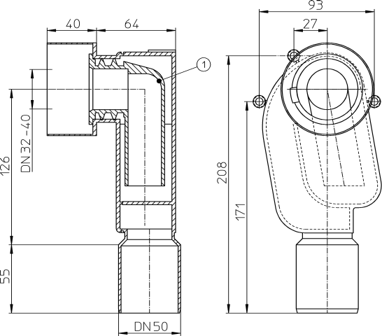 HL 134.0/40  Встраиваемый сифон DN40