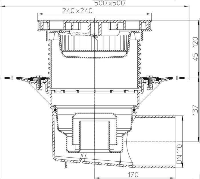 HL 615HLW Дворовый трап с гидрозатвором (гориз. выпуск), с приваренным полимербитумным полотном и решеткой из ПП (до 1,5 т)  