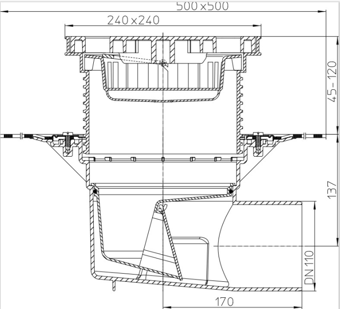 HL 615HSW Дворовый трап (гориз. выпуск), с полимербитумным полотном, с решеткой из нержавеющей стали, до 2,5 тонн