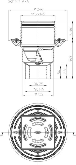 HL 3100T Трап для балконов и террас с решеткой КЛИК-КЛАК, с вертикальным выпуском DN75/110  