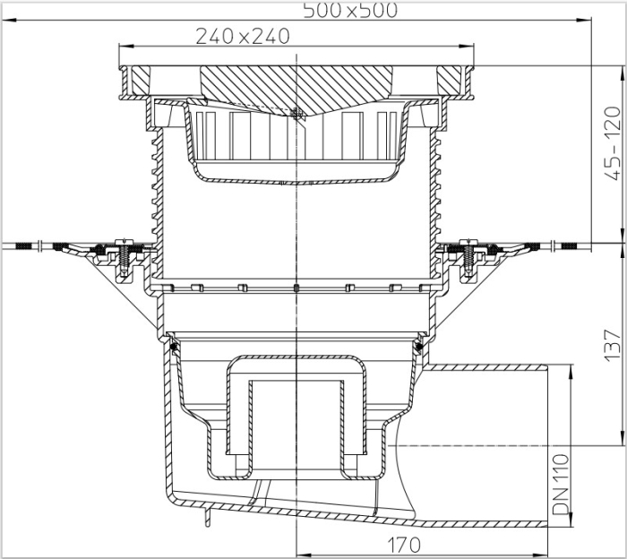 HL 615HW Трап с решеткой 226*226 мм и подрамником 260*260 мм  