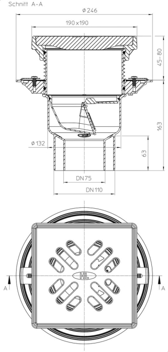 HL 3100TG Трап для балконов и террас с вертикальным выпуском DN75/110, с чугунной решёткой (15т)  