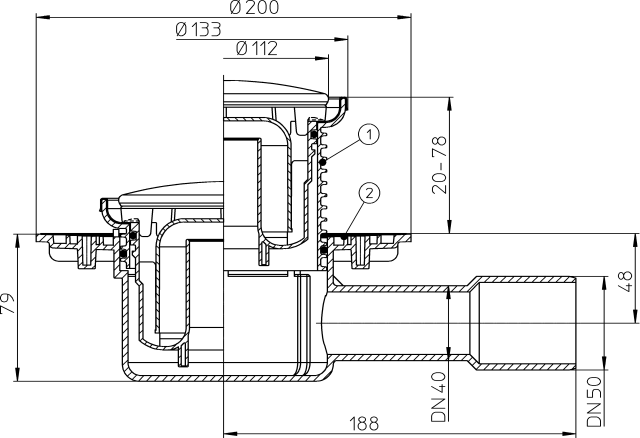 HL 510NR Трап с горизонтальным выходом, круглой решеткой, DN40/50  
